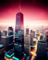 This professional fine art photograph captures a glitchy cityscape with soft contrast and saturation.  The blurred bokeh effe