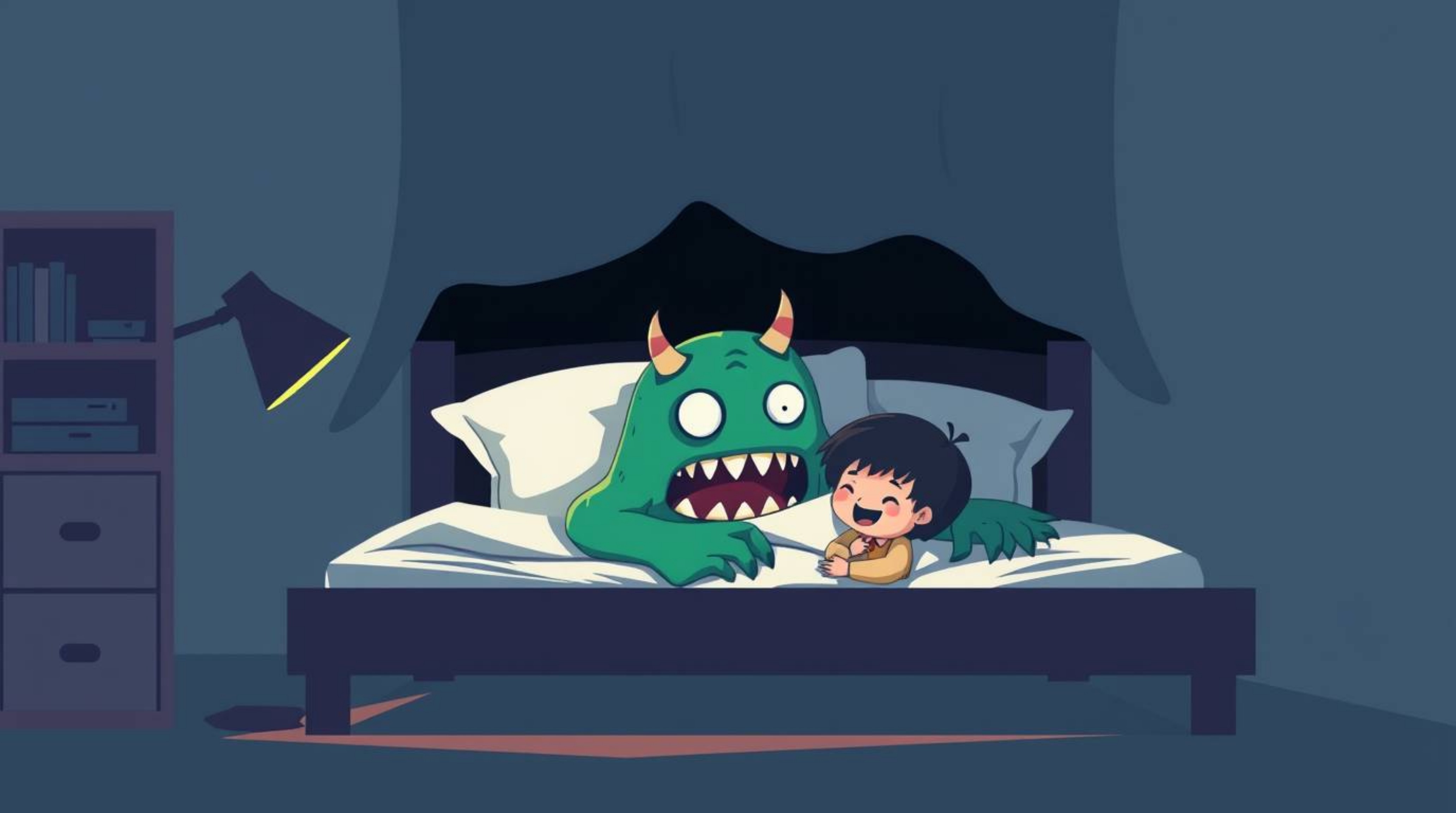 A captivating illustration depicts an unlikely friendship between a child and a monster hiding under the bed.  Rendered in a 