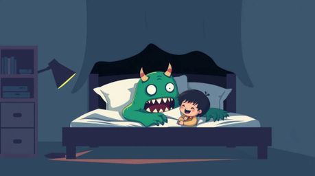 A captivating illustration depicts an unlikely friendship between a child and a monster hiding under the bed.  Rendered in a 