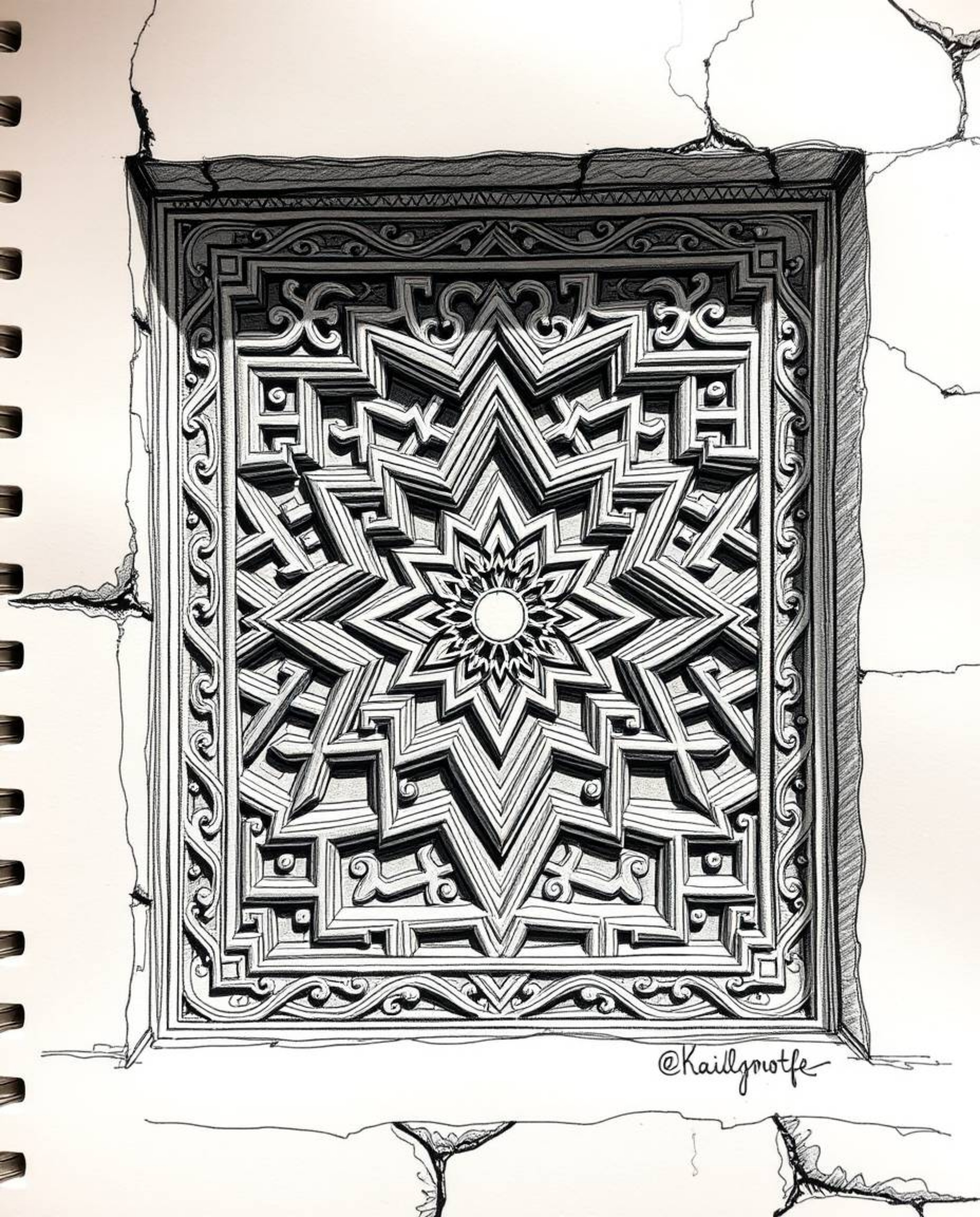A hand-drawn sketch capturing the beauty of Islamic geometric patterns carved in stone, emphasizing intricate detail and hist
