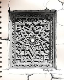 A hand-drawn sketch capturing the beauty of Islamic geometric patterns carved in stone, emphasizing intricate detail and hist