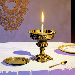 A single lit candle nestled within an ornate brass holder creates a serene and intimate atmosphere. The flickering flame cast