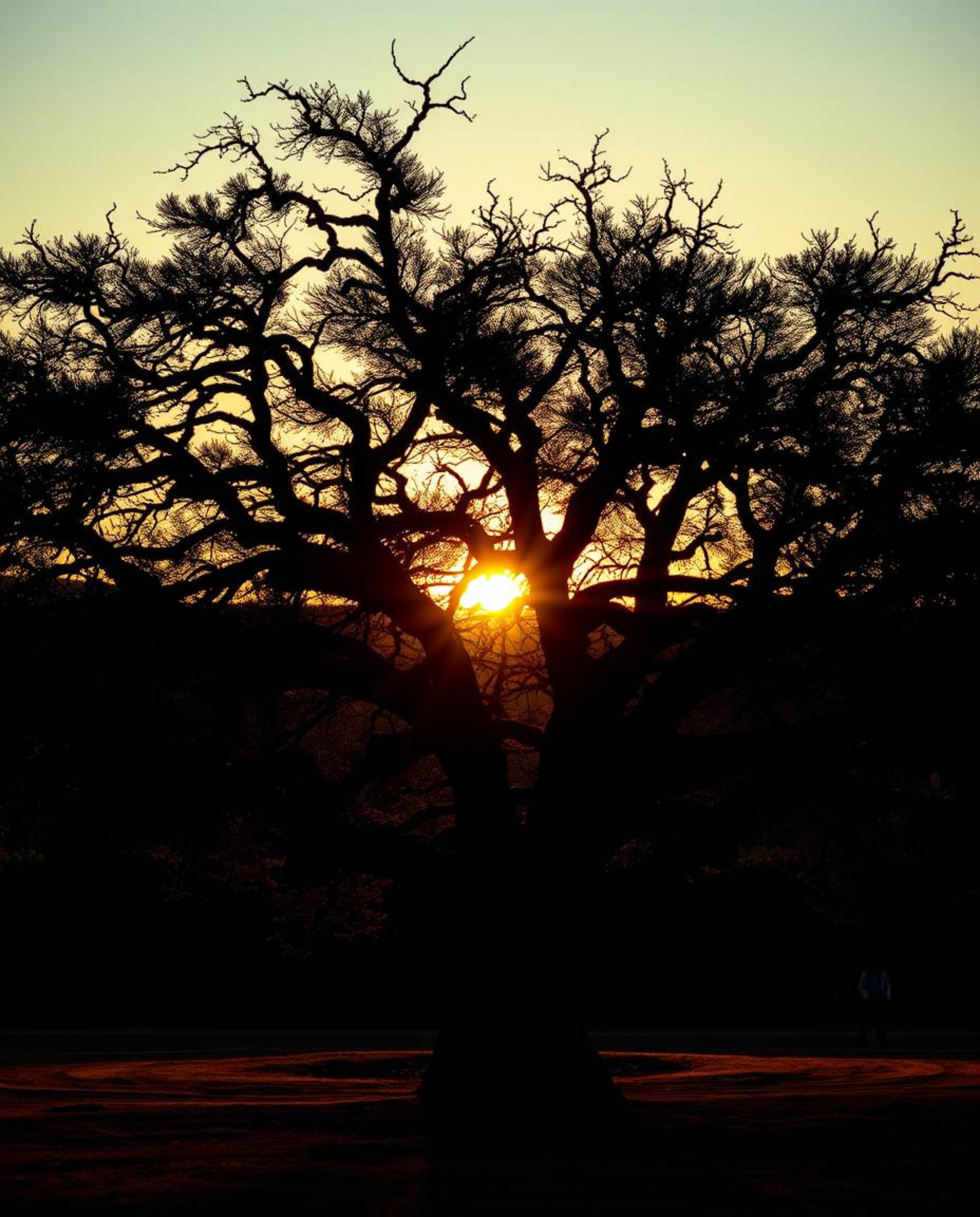 A high-contrast image depicting a sunset behind an old oak tree with twisted branches. The scene is artistically divided into