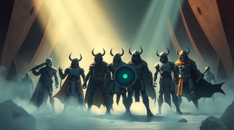 Witness a grand, epic digital illustration of misfit heroes uniting to form a powerful team.  The scene boasts stunning volum