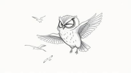 A hand-drawn pencil sketch in the style of Pixar depicts a blind owl with soft, slightly ruffled feathers imparting the skill