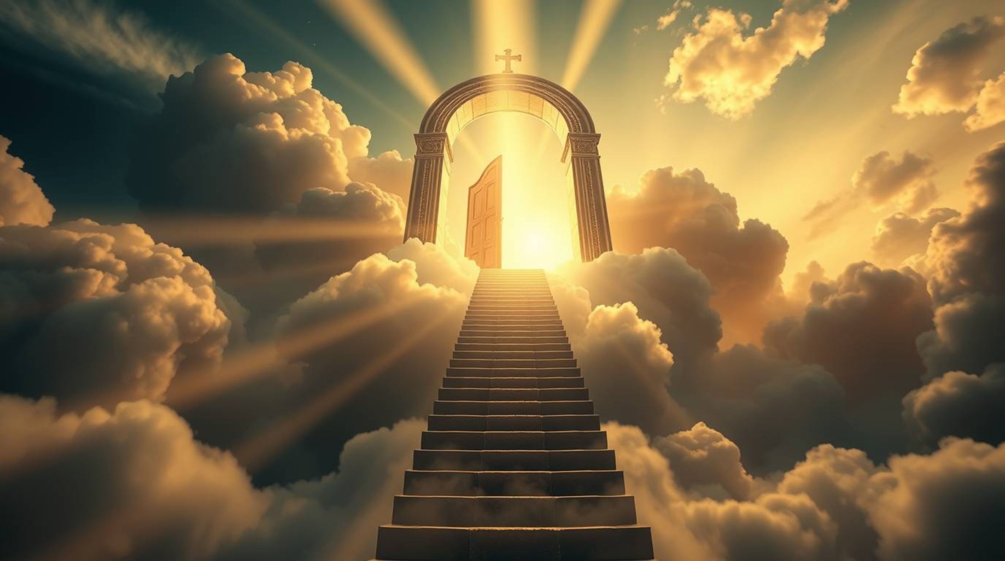 A captivating image showcasing a heavenly gate floating above ethereal clouds, with a golden staircase ascending towards it. 