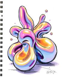 A dynamic, hand-drawn sketchnote sketch featuring sculptural 3D fluid shapes made of mercury with reflective surfaces and stu