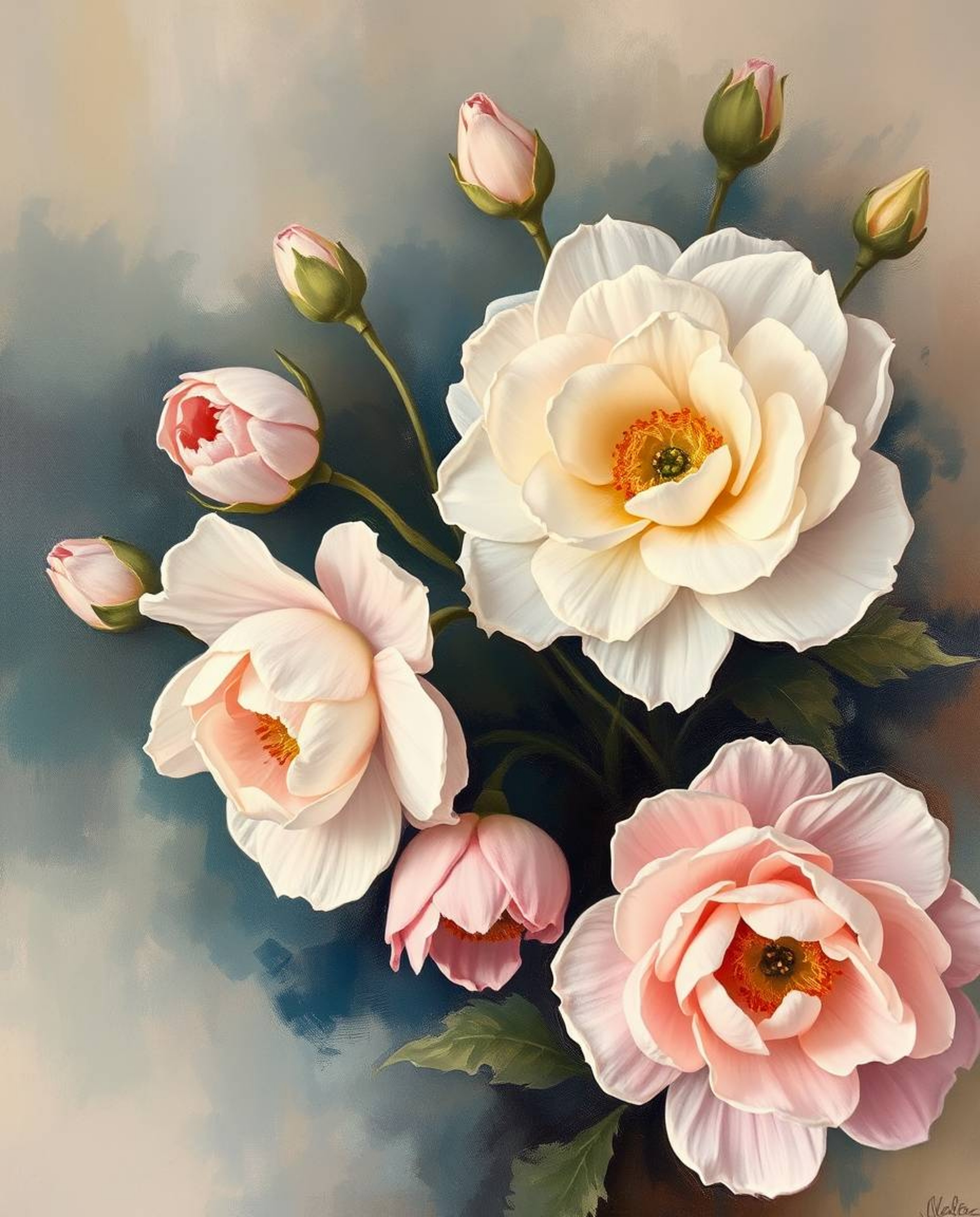 Explore a collection of artwork featuring classic oil paintings of flowers with soft pastel colors and rich textures, creatin