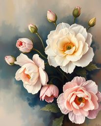 Explore a collection of artwork featuring classic oil paintings of flowers with soft pastel colors and rich textures, creatin