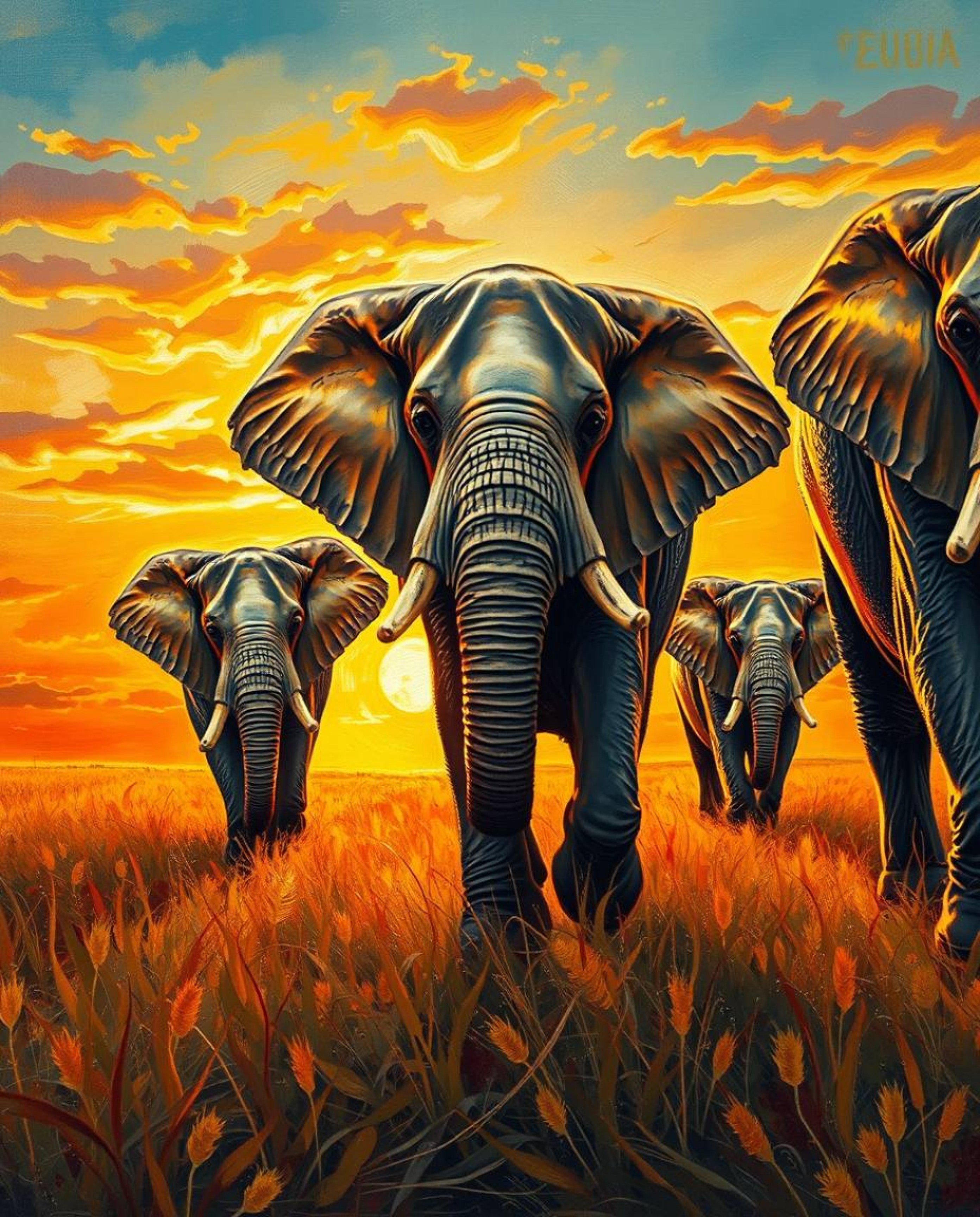 This is an extreme macro close-up in a bold acrylic painting style, capturing elephants walking across a field during the war