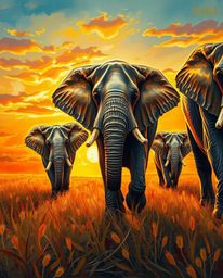 This is an extreme macro close-up in a bold acrylic painting style, capturing elephants walking across a field during the war