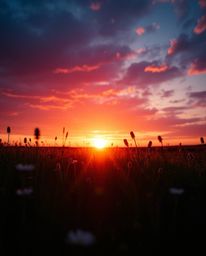 A dramatic cinematic photograph capturing a spring sunset over a wildflower meadow. The scene is uniquely illuminated by glow