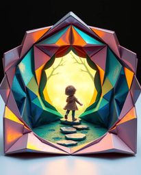 An intricate origami style artwork depicts a child's wondrous discovery of a magical portal right in their backyard. The scen