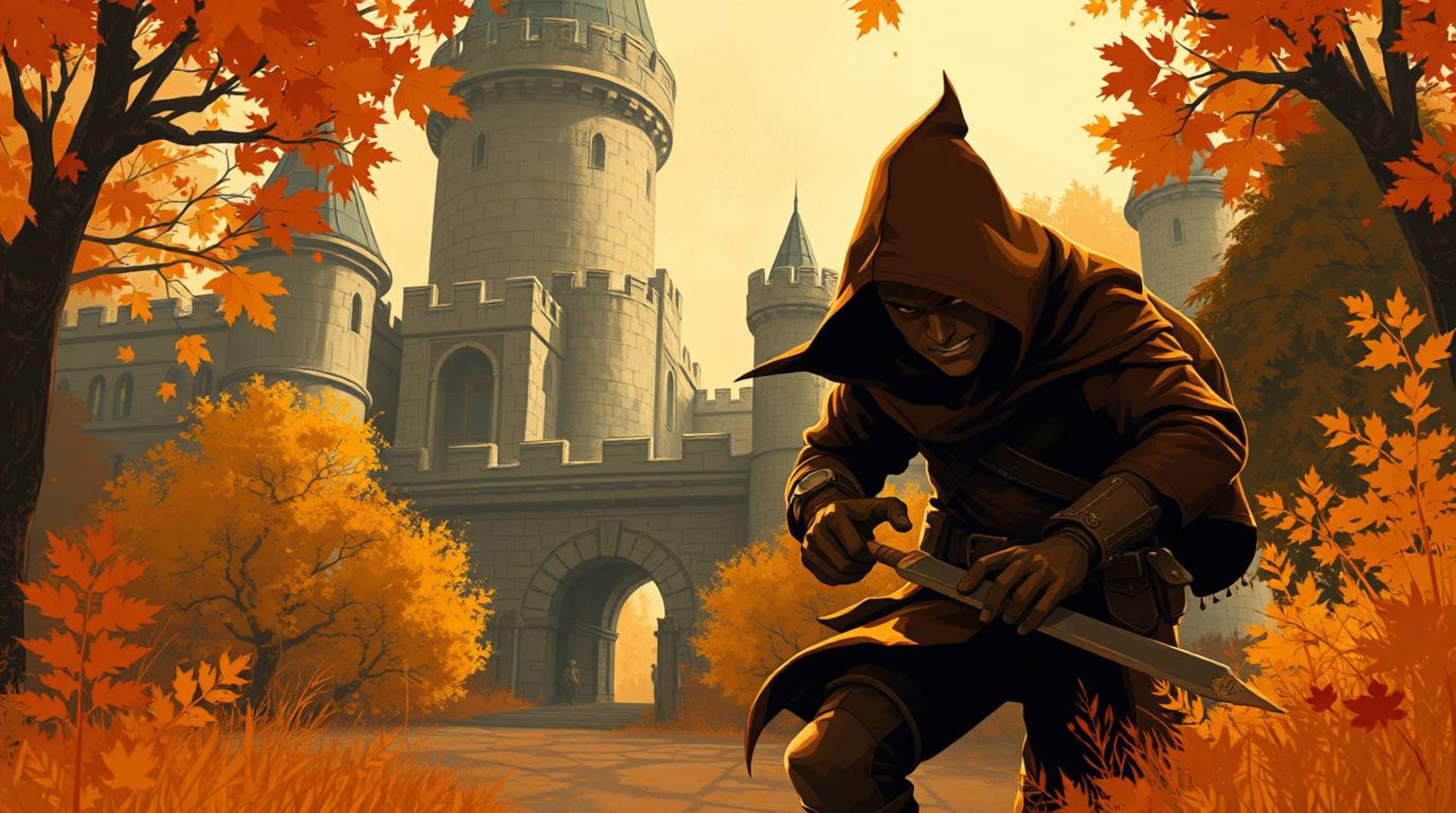 A thief, depicted in the warm hues of autumn, clandestinely enters a heavily guarded castle, creating an earthy and inviting 