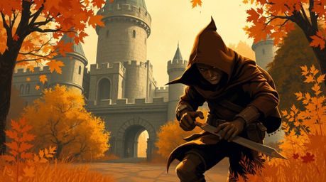 A thief, depicted in the warm hues of autumn, clandestinely enters a heavily guarded castle, creating an earthy and inviting 
