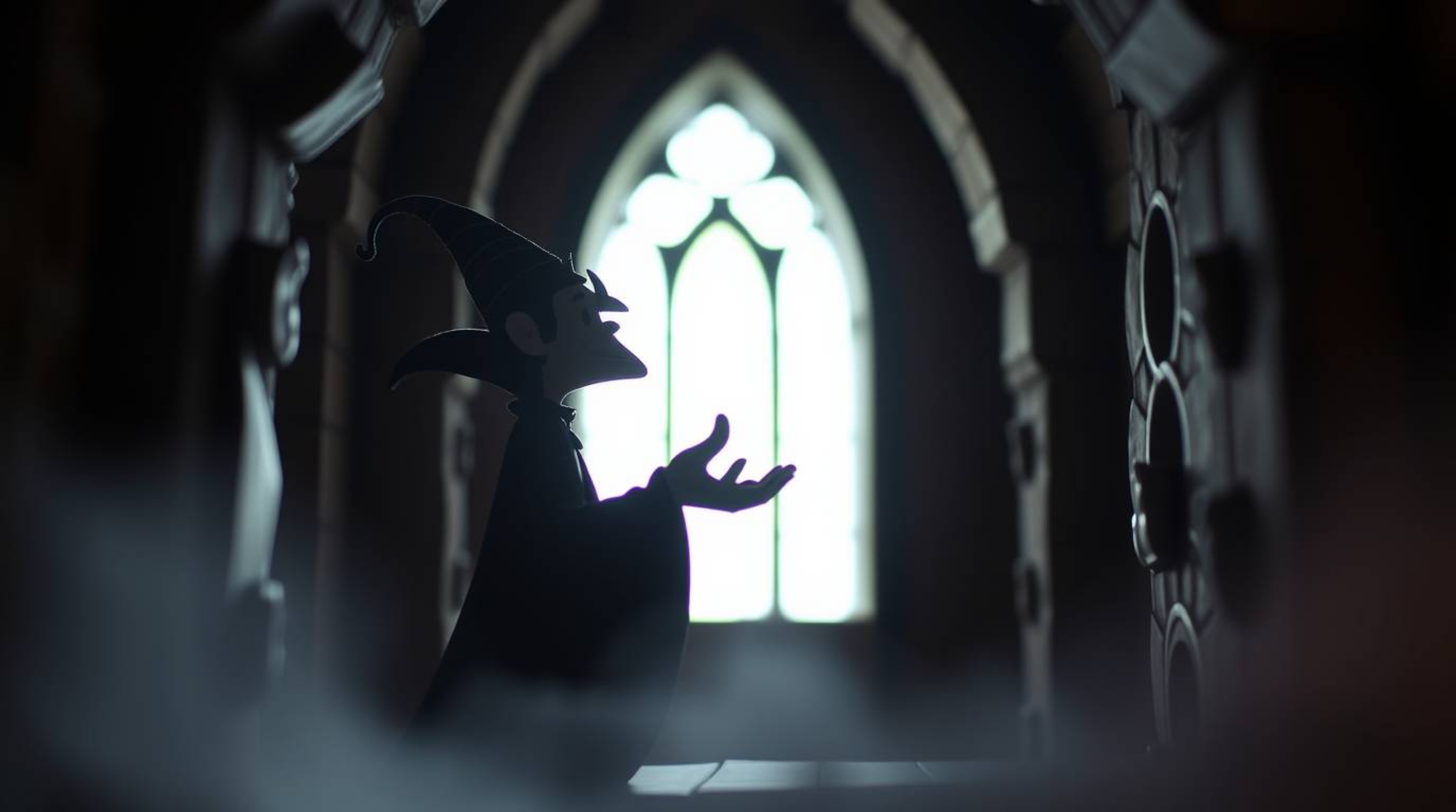 This image depicts a classic Disney villain silhouetted against a bright light, casting a spell within a sculptural clay cast