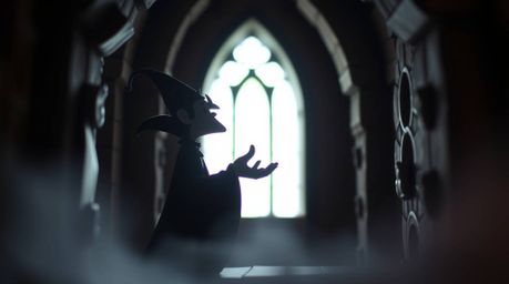 This image depicts a classic Disney villain silhouetted against a bright light, casting a spell within a sculptural clay cast
