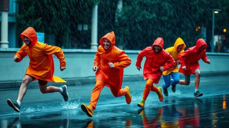 A dynamic digital art piece depicting a team of misfit heroes in contrasting colored raincoats, running through a vibrant, we