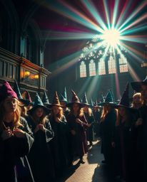 Immerse yourself in a magical school brimming with young wizards, where rich deep teal hues meet bright lens flares and strea