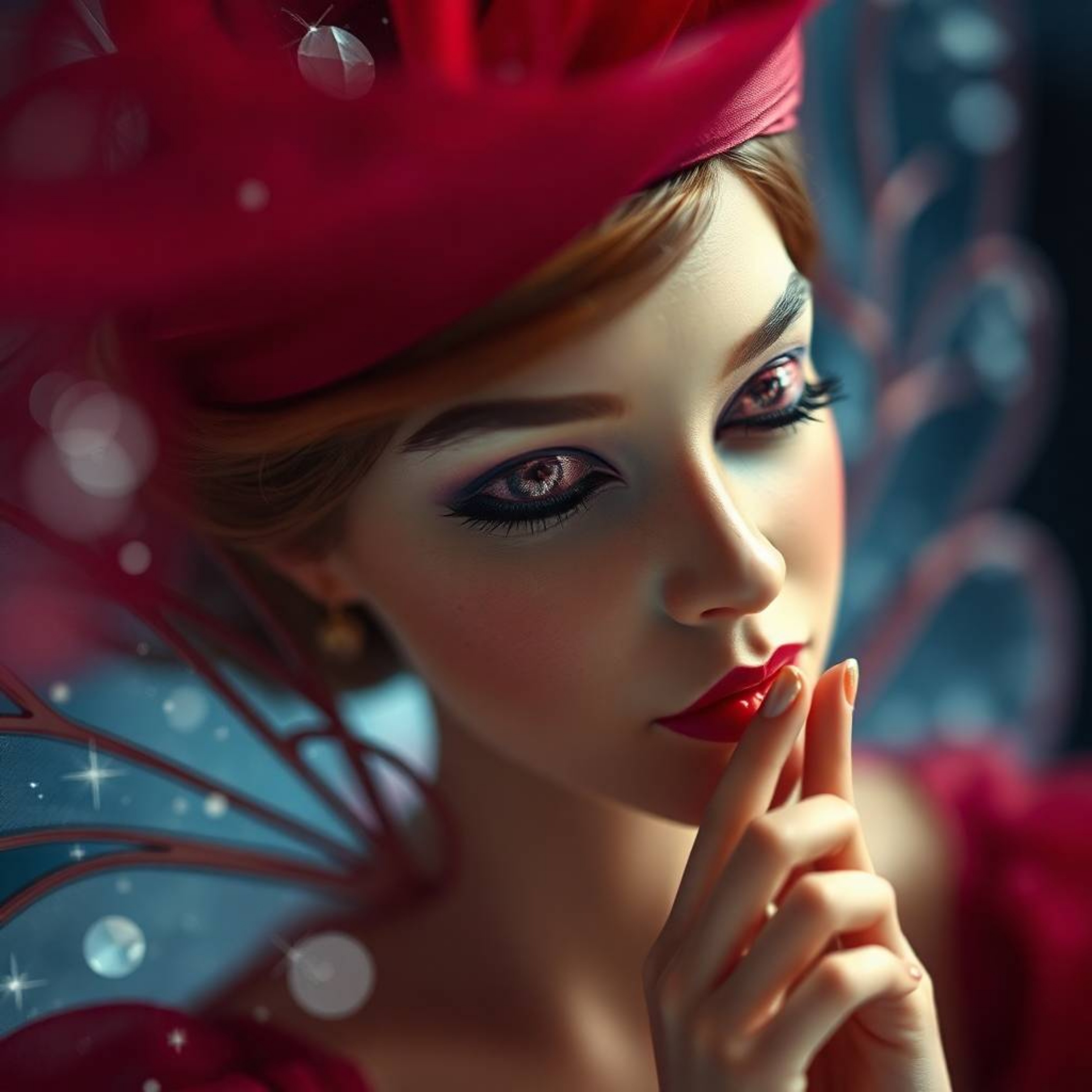 An extreme macro close-up showcases a fairy godmother emerging within a vibrant swirl of sparkles, rendered in a rich burgund