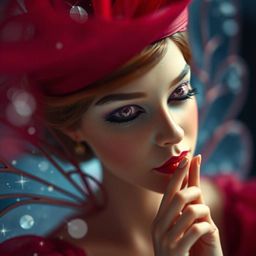 An extreme macro close-up showcases a fairy godmother emerging within a vibrant swirl of sparkles, rendered in a rich burgund