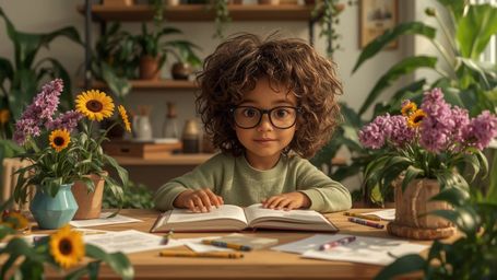 In this high-resolution stock photo, captured in a heartwarming style reminiscent of Pixar, a bright-eyed young homeschooled 