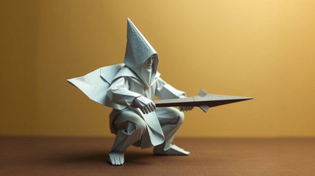 A stunning artwork depicting an intricate origami-style anvil poised to drop on a mischievous trickster character. The piece 