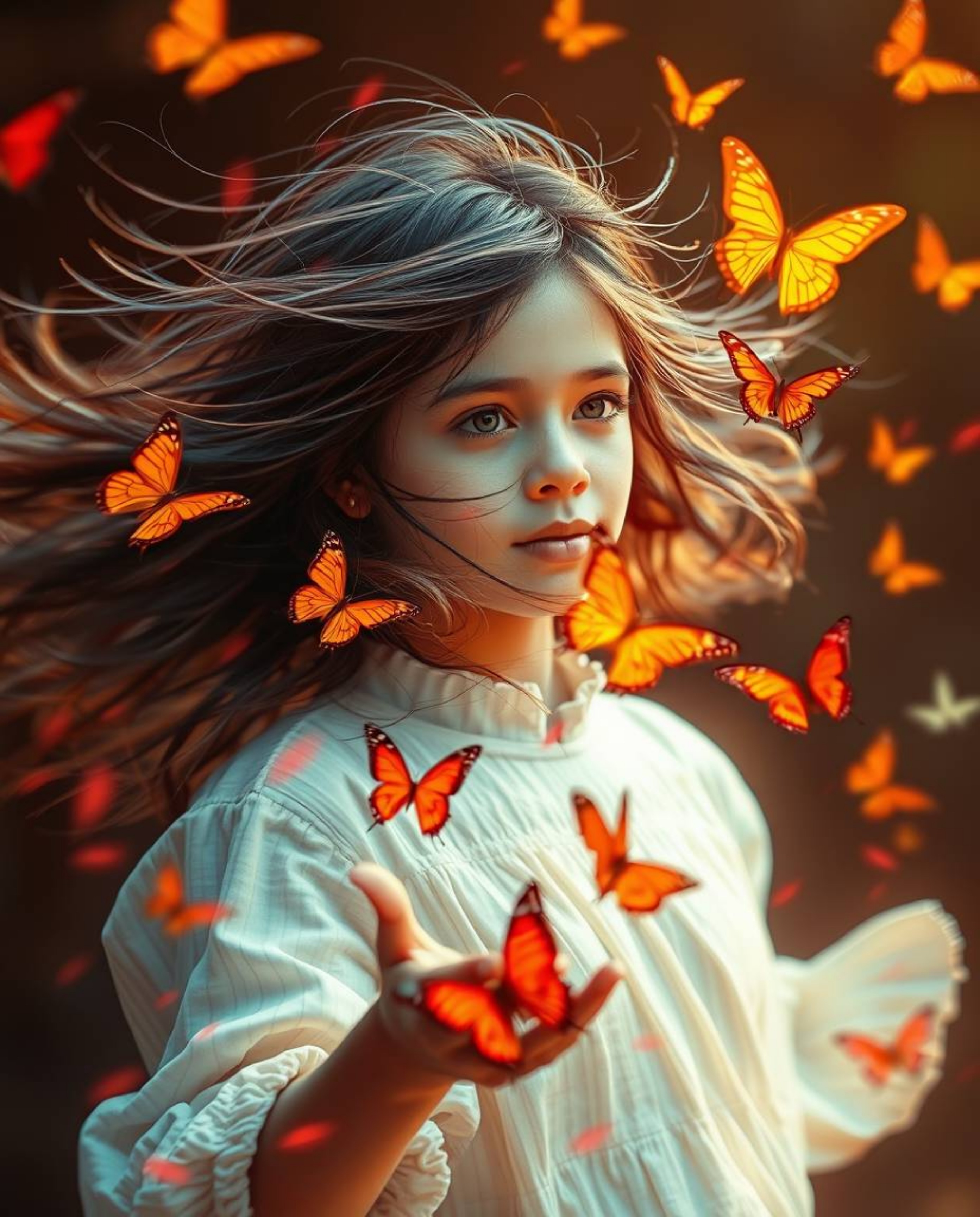A captivating image of a girl with windswept hair, releasing butterflies into the air. The scene is rendered with dynamic mot