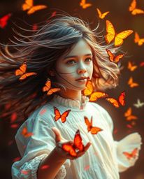 A captivating image of a girl with windswept hair, releasing butterflies into the air. The scene is rendered with dynamic mot