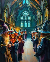 Immerse yourself in a magical school filled with young wizards, depicted in a classic oil painting style. This artwork boasts