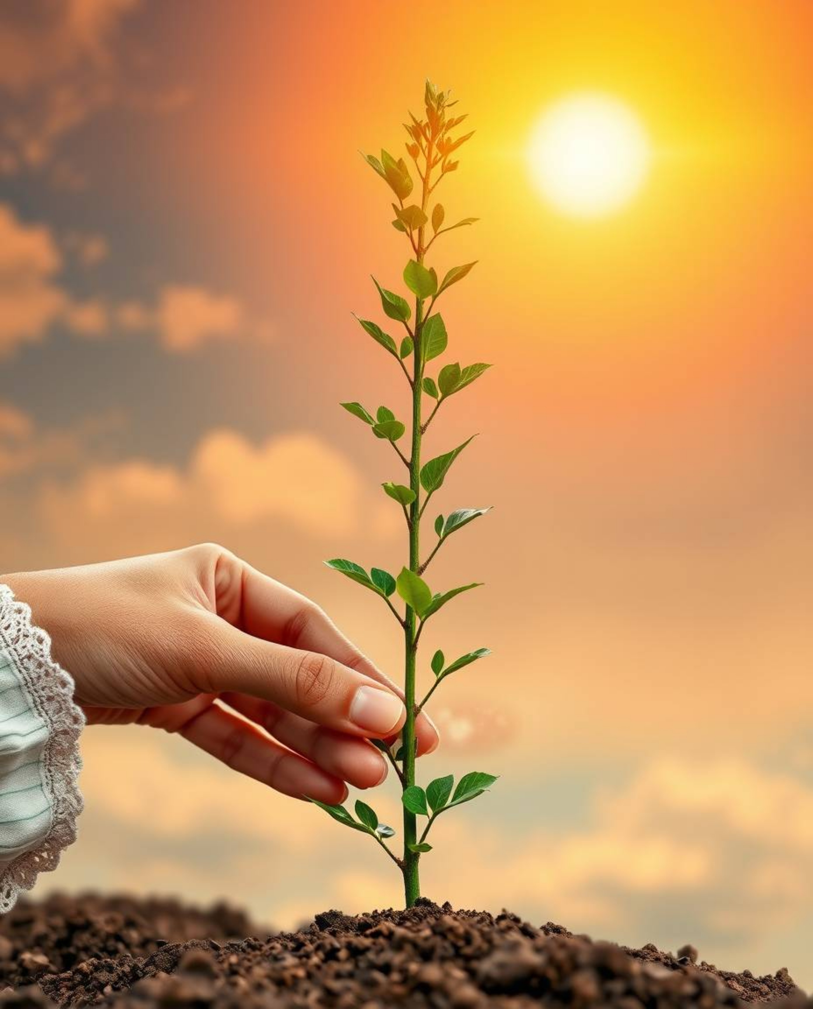 This high-resolution stock photo showcases graceful hands with refined features carefully planting a sapling beneath a vibran