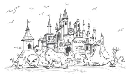 Explore a hand-drawn sketch of a vibrant fantasy kingdom teeming with quirky magical creatures. This piece features smooth gr