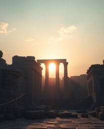 A modern, futuristic, and grand scene featuring epic lens glow lighting as a sunset casts shadows through ancient stone ruins