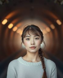 A captivating image featuring a person with rosy cheeks and soft features positioned at the entrance of a softly lit tunnel. 