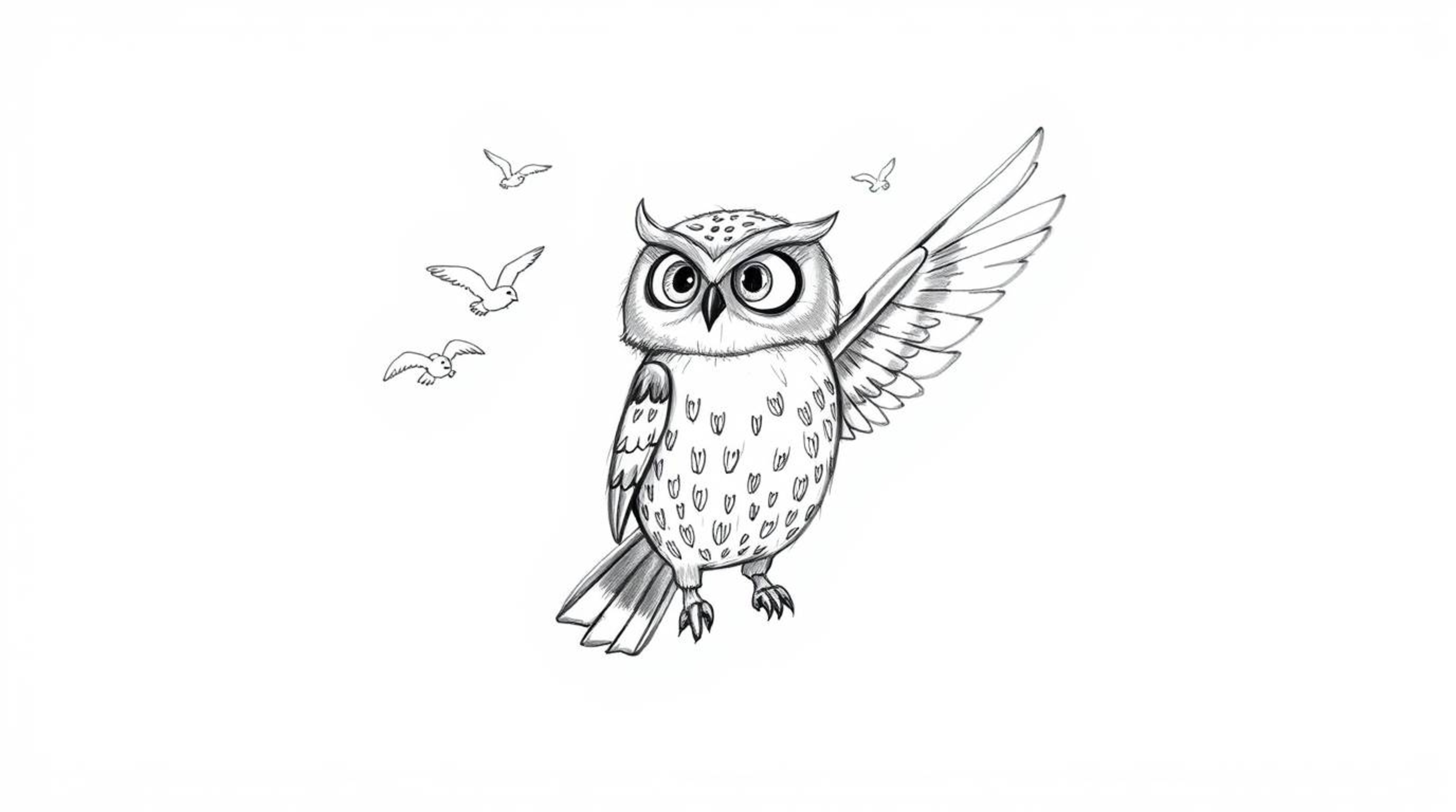 A heartwarming, hand-drawn sketch in the style of Pixar depicts a wise, blind owl with textured pencil strokes and rough line