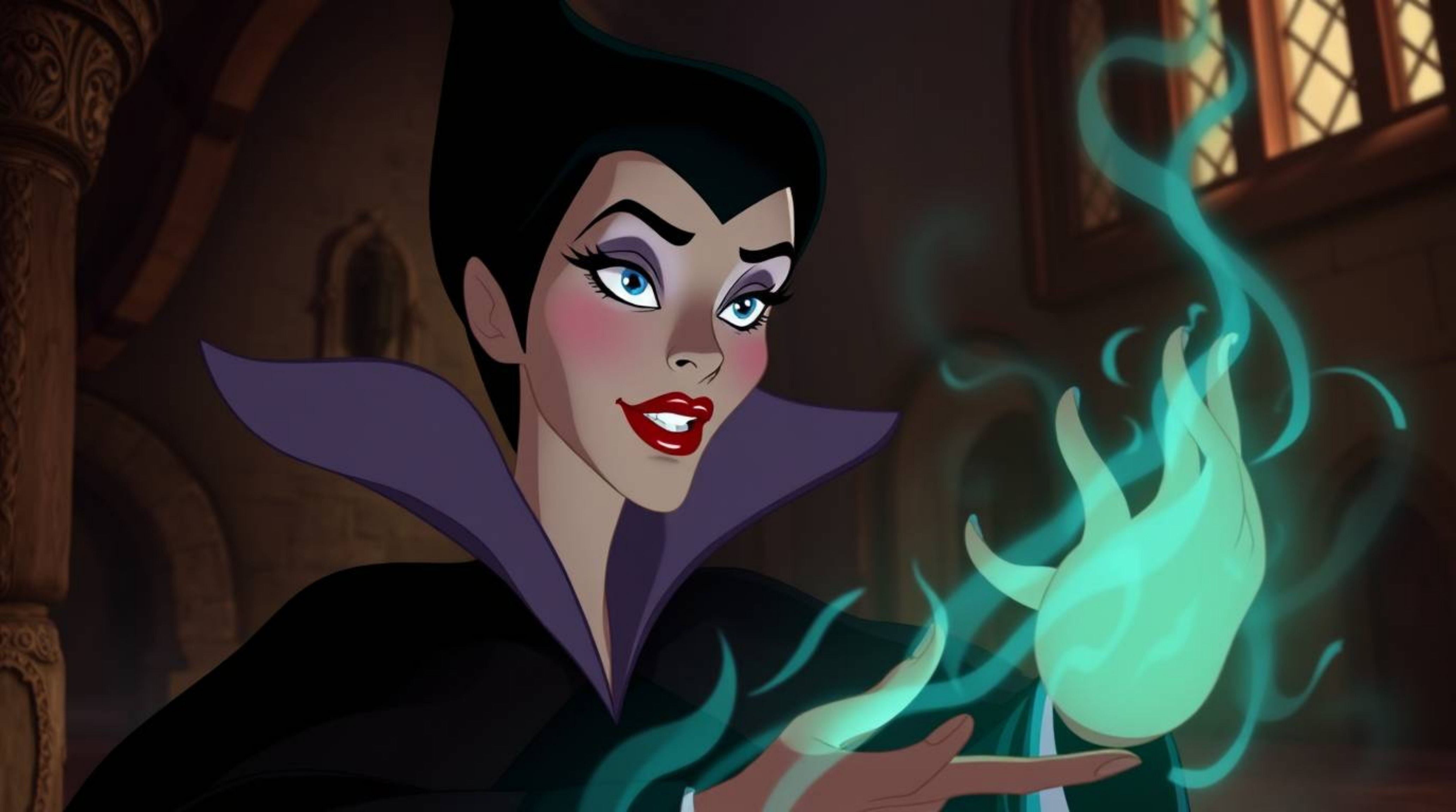 A captivating digital painting of a classic Disney-esque villain, boasting refined features and light brown skin. The villai