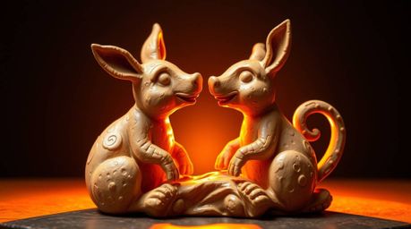 Discover a captivating clay sculpture depicting two mischievous talking animals bathed in a warm golden glow.  The art piece 
