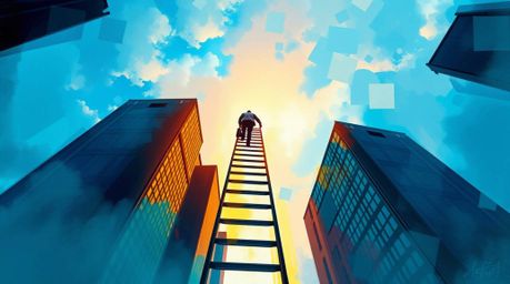 This digital sketch portrays an abstract concept of success, depicting a businessperson climbing a transparent ladder that va