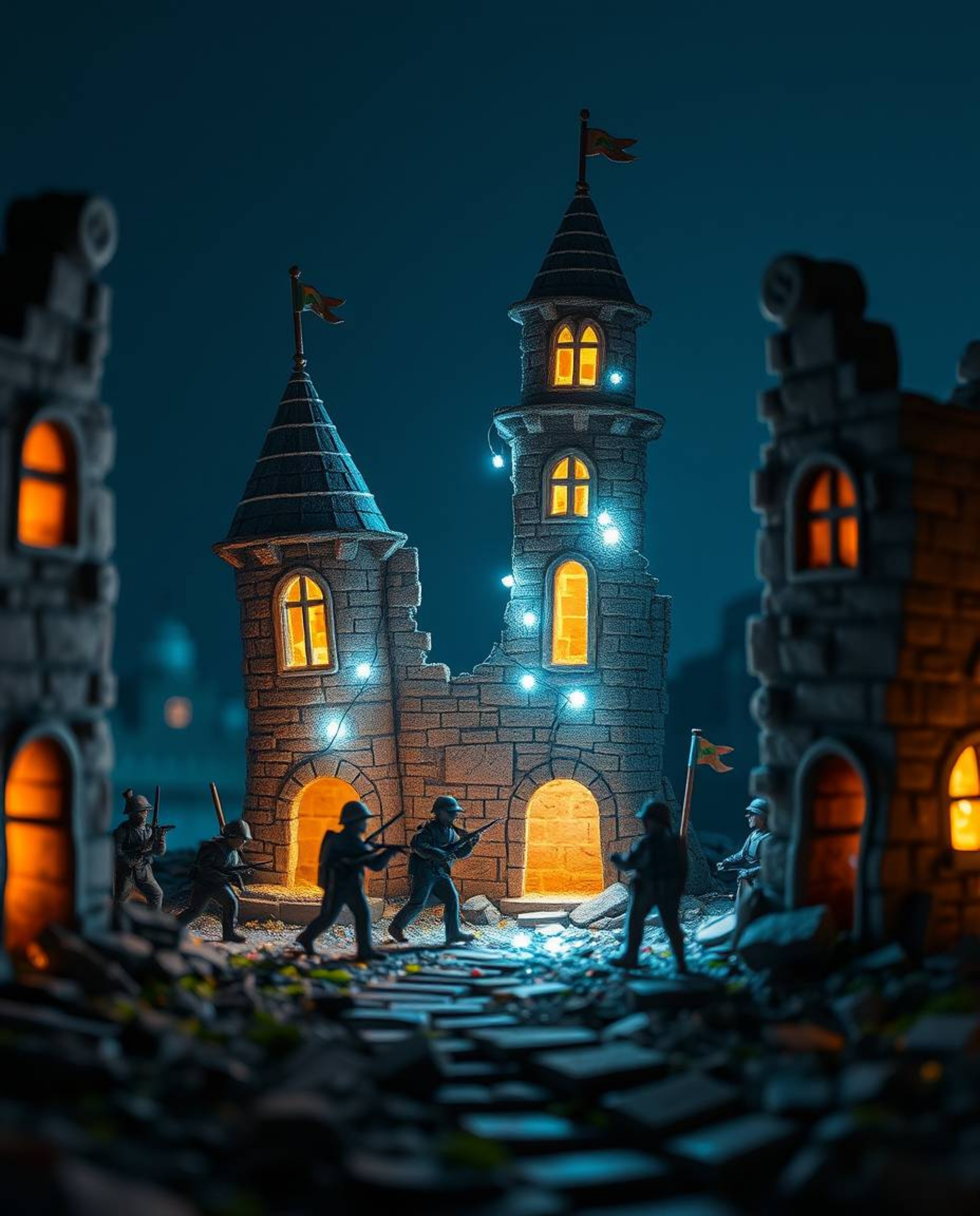 Explore the captivating world of creative light art where time-warped soldiers and crumbling buildings are transformed into a