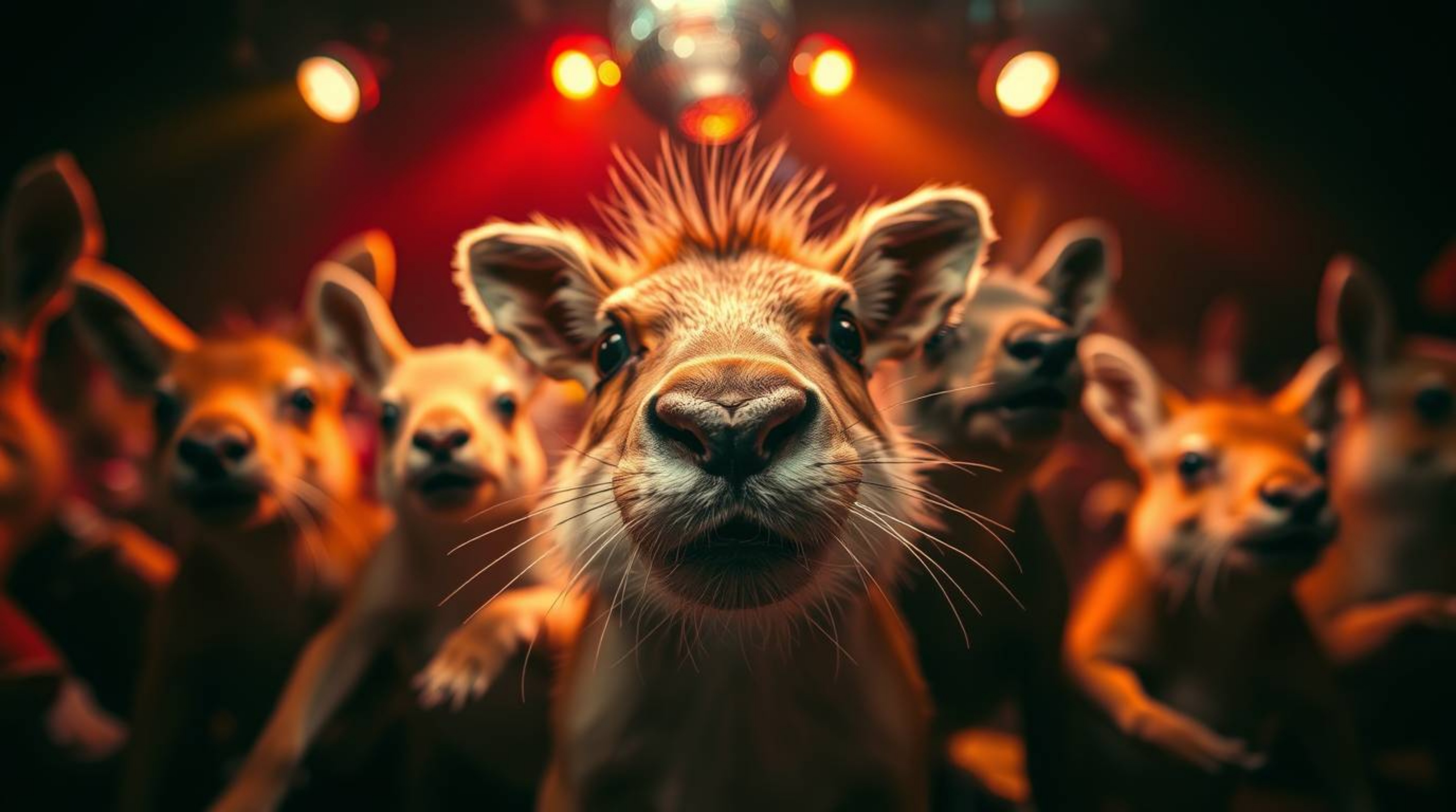Witness an electrifying animal dance party captured in extreme macro detail.  Dramatic disco lighting creates high contrast a
