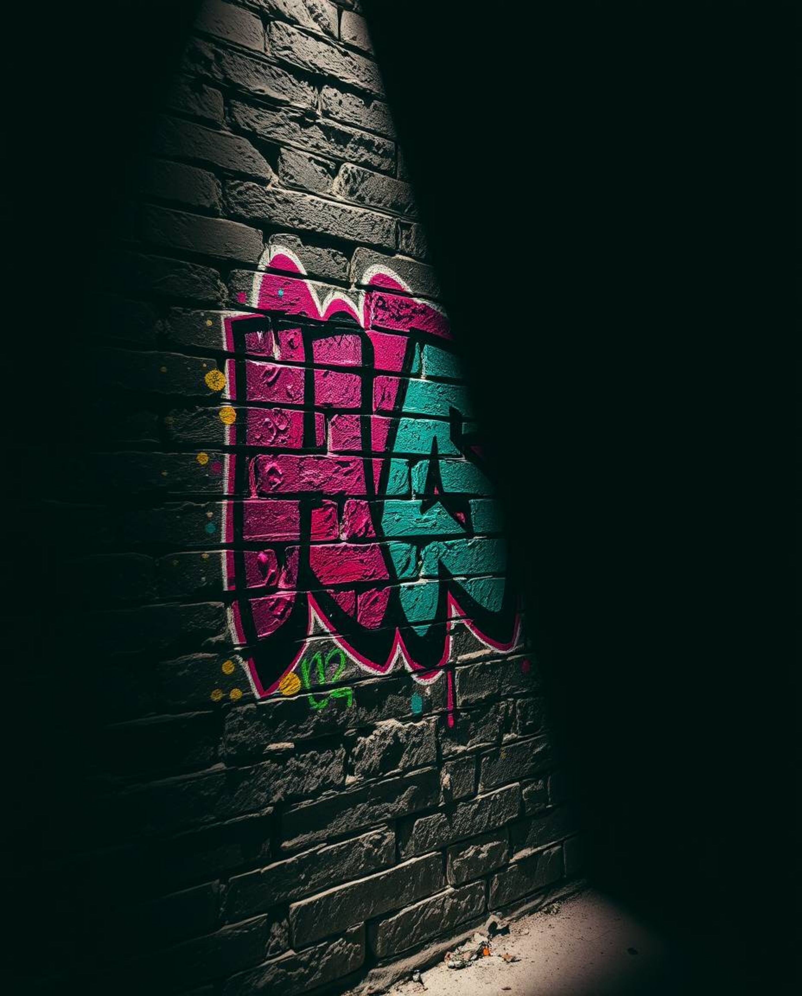 Explore the captivating world of high-contrast, low-key lighting as it illuminates colorful graffiti splashes on a textured b