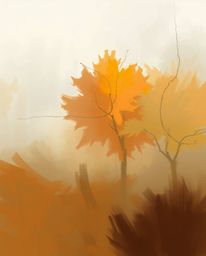 This digital artwork showcases warm autumnal hues in a misty, atmospheric setting.  Utilizing loose painterly strokes and ric