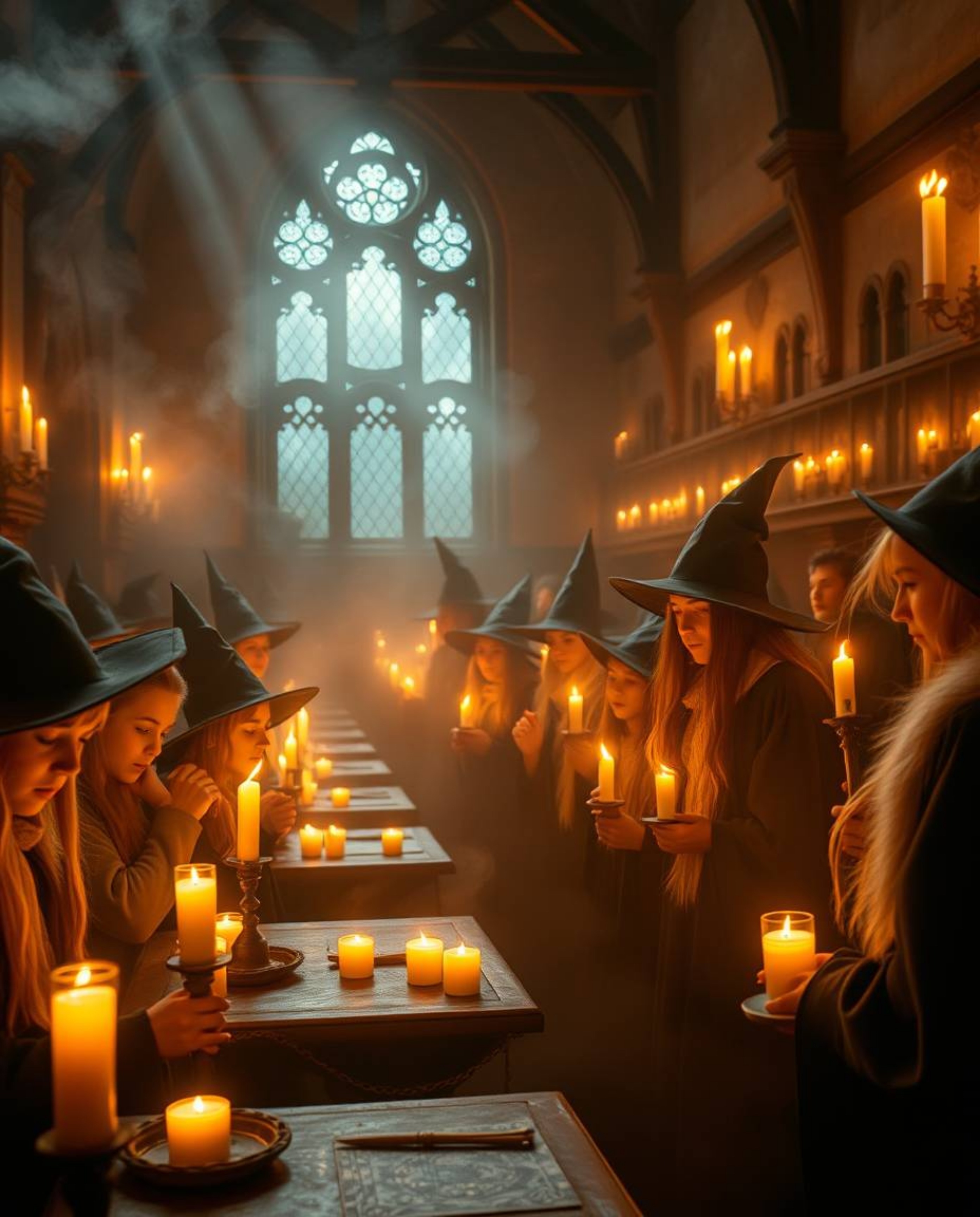 Immerse yourself in a magical school where young wizards learn under the warm glow of candlelight, creating a dreamy and hazy
