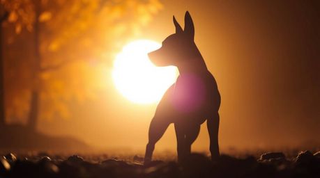 A futuristic dog silhouetted against a warm, autumn-colored backlight in space evokes an earthy and cozy aesthetic. This imag