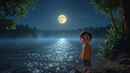 This dreamy, cinematic photograph, inspired by Pixar's fantastical style, captures a curious child standing by a serene lake 