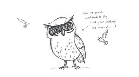 A charming, hand-drawn sketch in the style of Pixar features a blind owl with textured pencil strokes and rough lines. This e