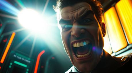 A captivating scene unfolds within a high-tech lair, where a villain experiences a humorous breakdown. The shot, a tight clos