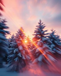 A dynamic motion image captures the mesmerizing scene of sunset light sparkling on snowy pine trees, enhanced by volumetric l