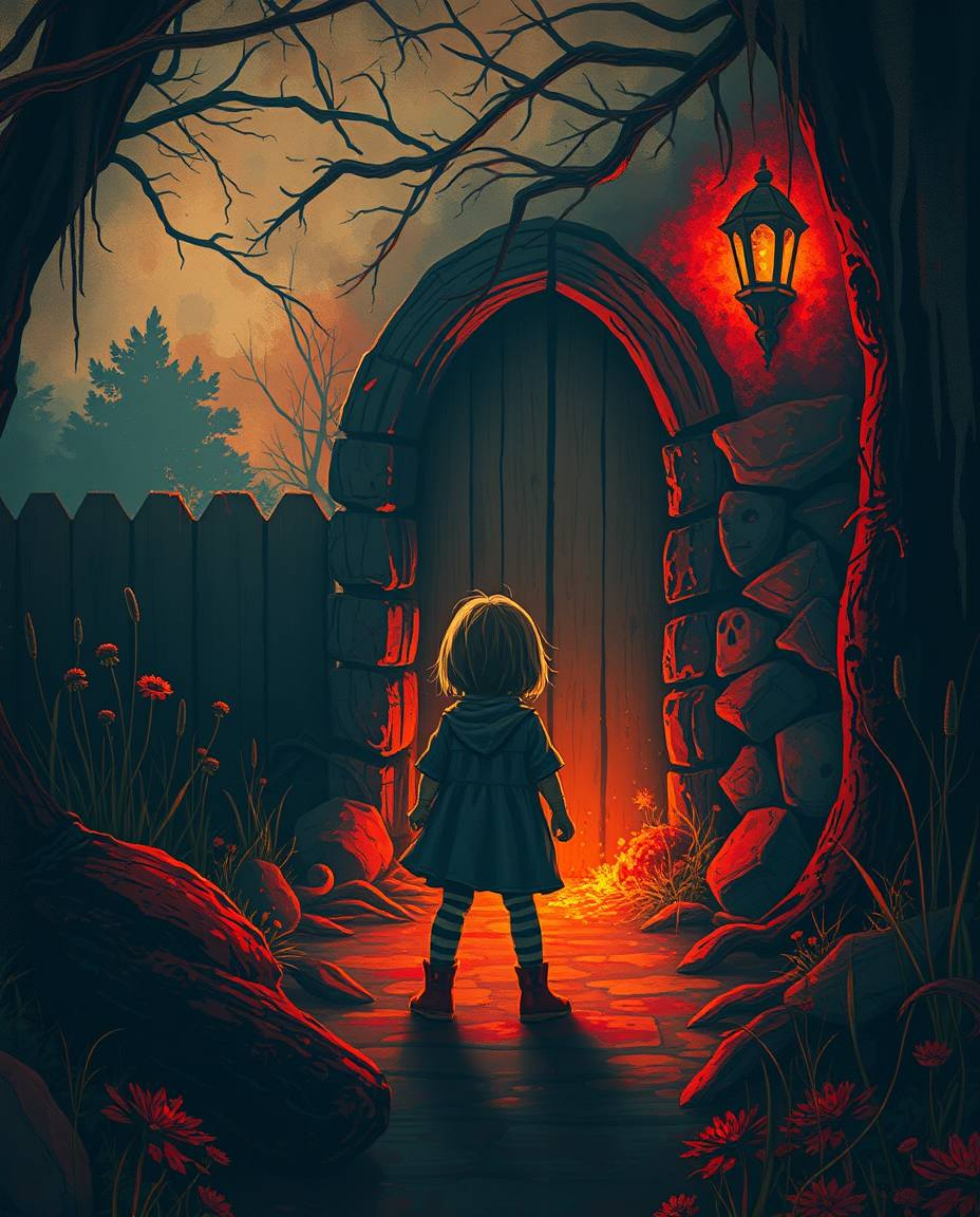 A young child's encounter with a magical portal in their own backyard is depicted in this artwork. The scene is rendered with