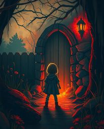 A young child's encounter with a magical portal in their own backyard is depicted in this artwork. The scene is rendered with